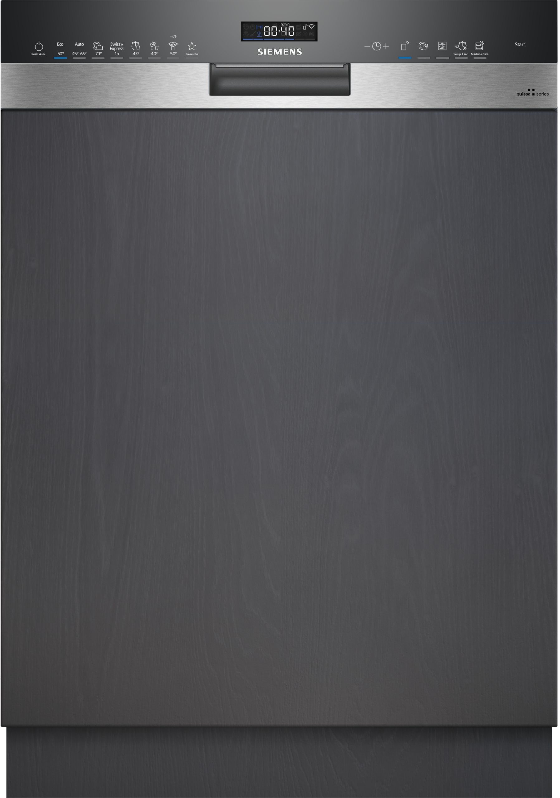 Built-in stainless steel dishwasher with a black control panel at the top and a recessed handle in the middle of the door front.