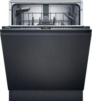 Open Siemens dishwasher with both racks visible and a digital control panel along the top edge of the door.