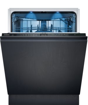 Front view of an open Siemens dishwasher with exposed racks and blue interior lighting inside the drum