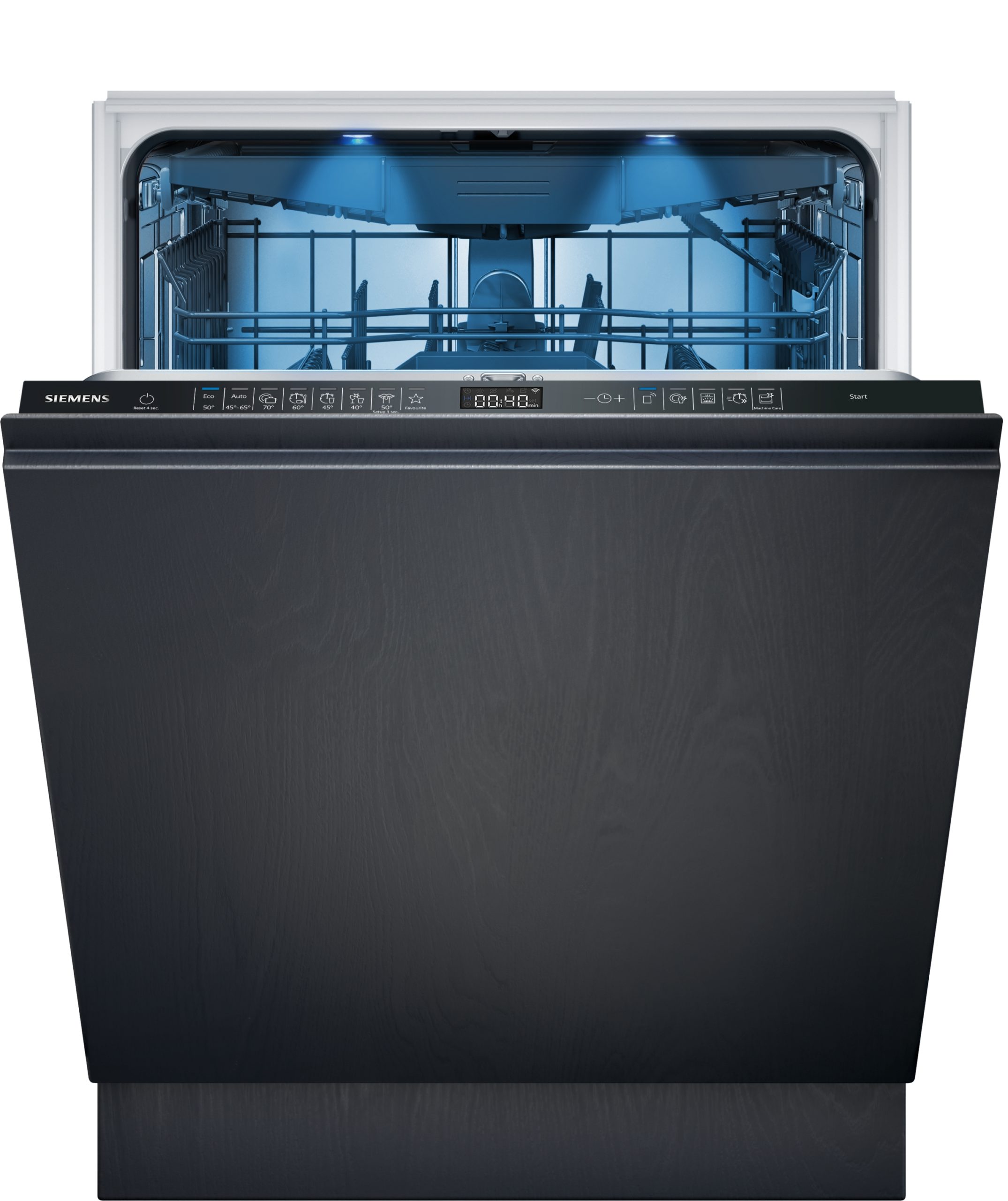 Front view of an open Siemens dishwasher with exposed racks and blue interior lighting inside the drum