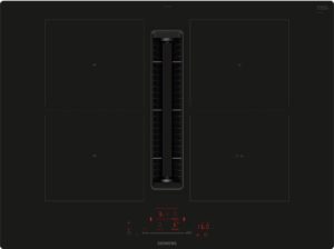 Tall central black appliance with vented sides between two dark panels in a sleek kitchen layout; Siemens logo at bottom.