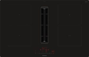 Siemens induction cooktop with two outer cooking zones and a central vertical downdraft vent; red digital controls visible below.