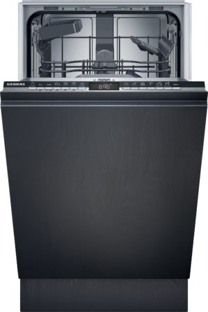 Open Siemens dishwasher with racks and spray arms visible inside the tub, front control panel showing buttons and display