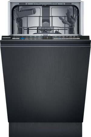 Open Siemens dishwasher with racks visible and control panel along the front edge