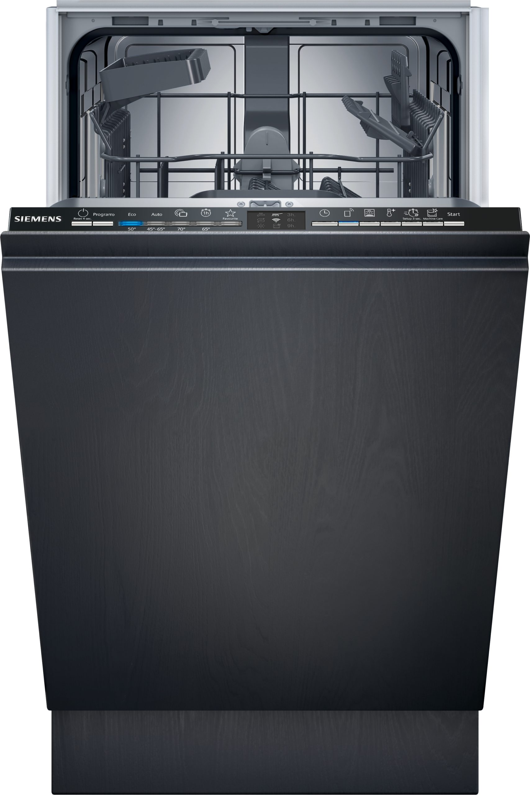 Open Siemens dishwasher with racks visible and control panel along the front edge