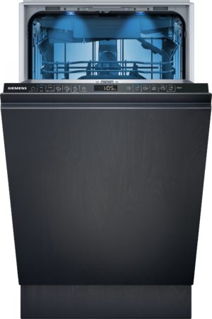 Open Siemens dishwasher with blue-lit interior, visible upper and lower racks, and a control panel along the front edge showing cycle icons.