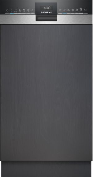 Front view of a Siemens dishwasher with a brushed stainless steel finish and a slim control panel at the top.