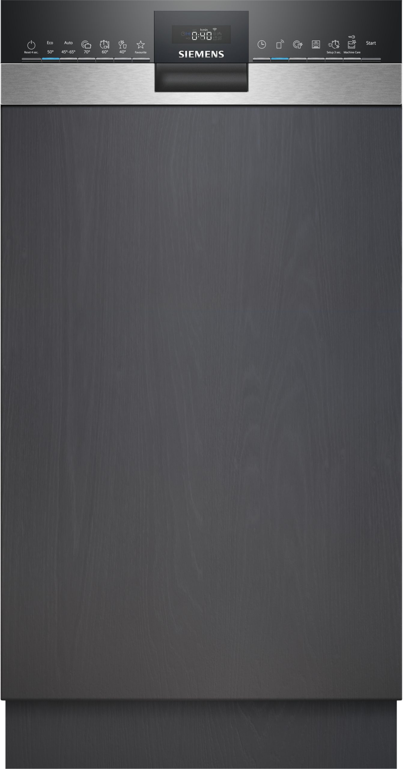 Front view of a Siemens dishwasher with a brushed stainless steel finish and a slim control panel at the top.