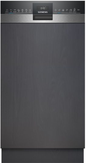 Front view of a Siemens built-in dishwasher with a black control panel at the top and a brushed metal door surface.