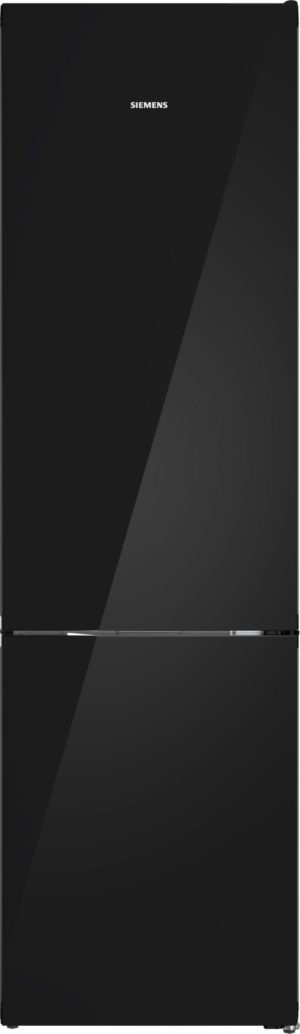 Tall black Siemens refrigerator with a bottom freezer drawer and a glossy finish; logo visible on the upper door.