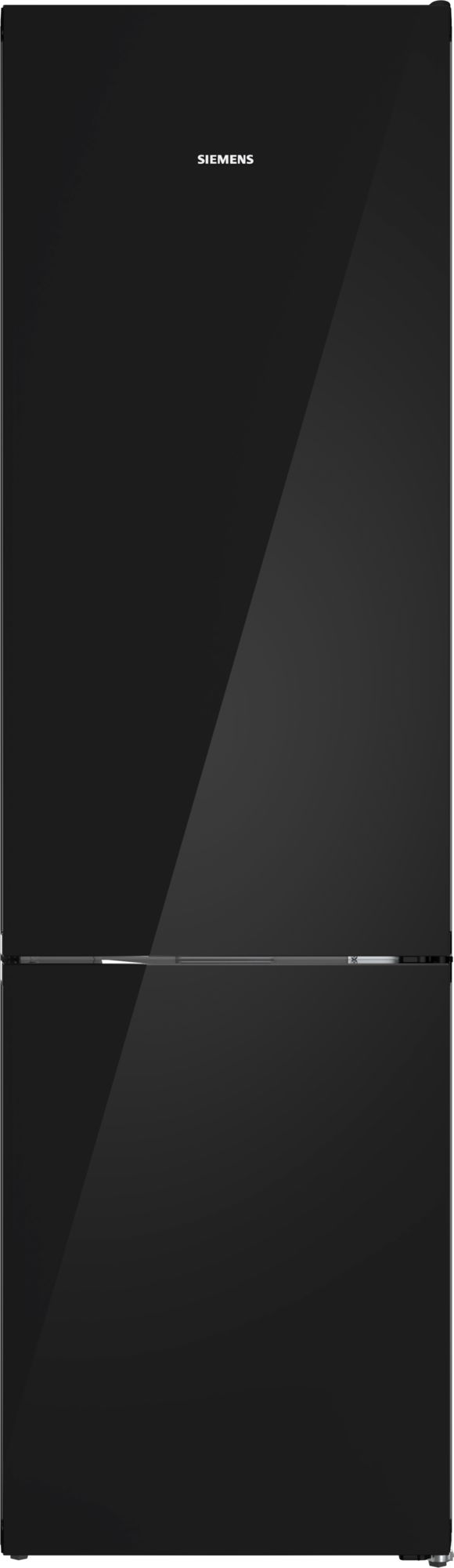 Tall black Siemens refrigerator with a bottom freezer drawer and a glossy finish; logo visible on the upper door.