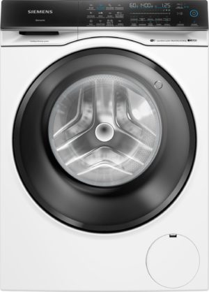 Siemens front-load washing machine with a large circular glass door and a dark control panel on top.