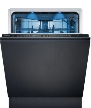 Open Siemens dishwasher with racks visible and blue interior lighting inside the chamber alongside the control panel at the front edge.