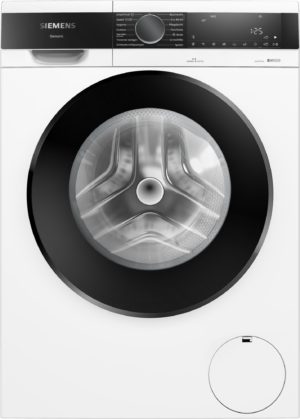 White front-loading washing machine with a large, circular door and a black control panel above featuring a central dial and digital display.