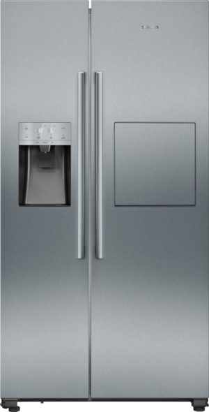 Side-by-side stainless steel refrigerator with a water/ice dispenser on the left and a freezer door on the right, brand Siemens.