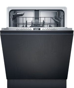 Open Siemens dishwasher shown from the front with interior racks and spray arms visible