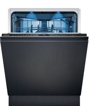 Open Siemens dishwasher with upper and lower racks visible and blue interior lighting inside the tub, control panel at the front edge.