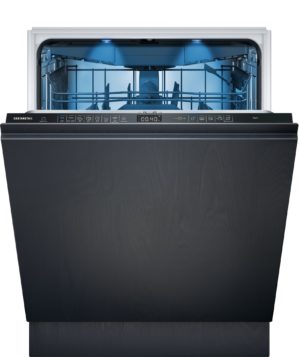 Open Siemens dishwasher with racks visible inside and blue interior lighting for a modern kitchen look.