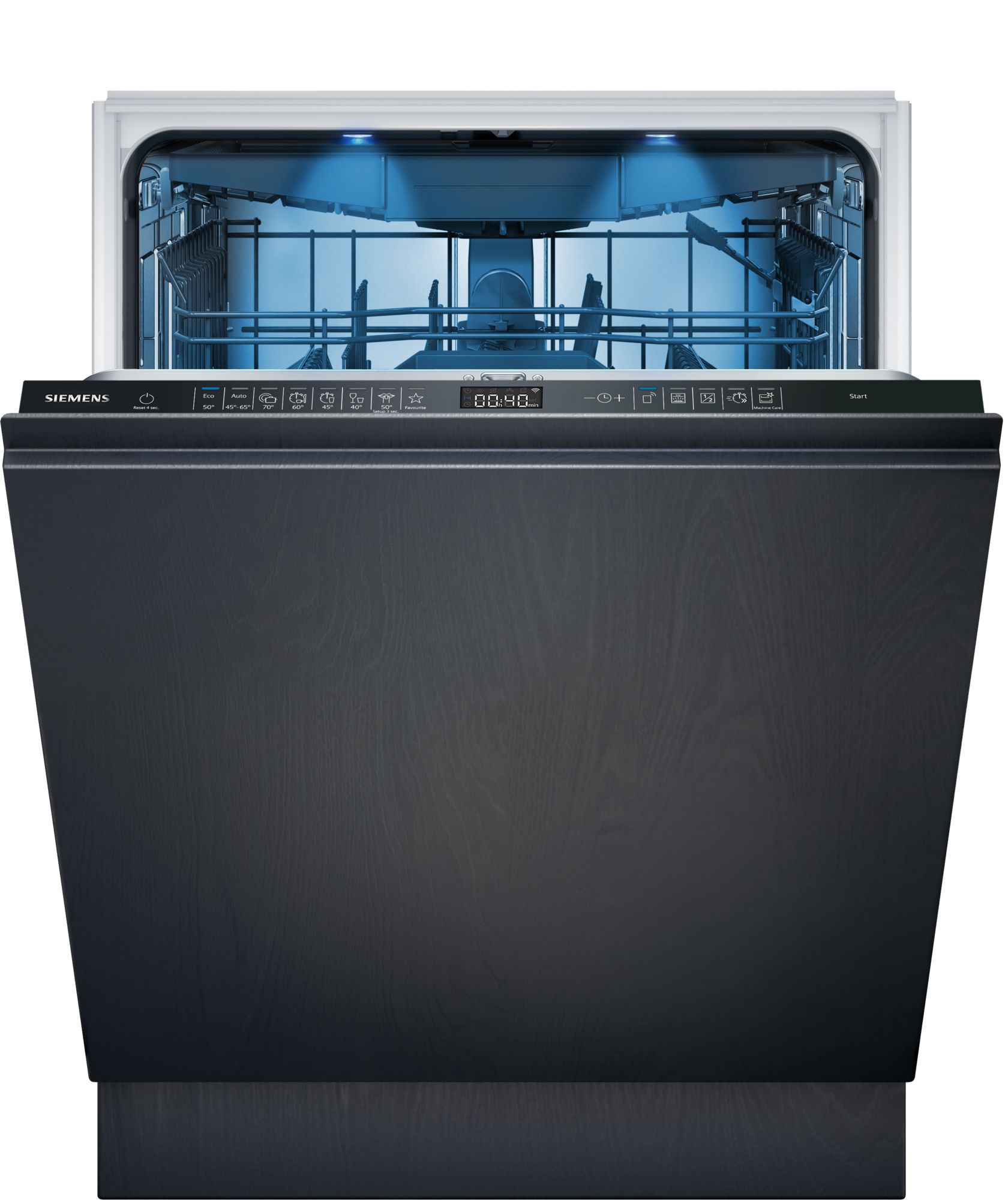 Open Siemens dishwasher with racks visible inside and blue interior lighting for a modern kitchen look.