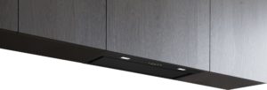 Under-cabinet black range hood with a sleek control panel mounted beneath gray wood cabinets in a modern kitchen.