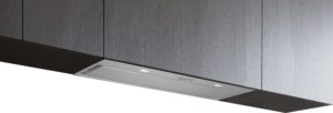 Under-cabinet stainless steel range hood with control panel beneath gray wood cabinets.