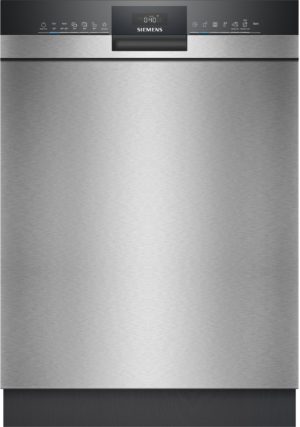 Stainless steel dishwasher door with a black top control panel and a digital display across the top edge.