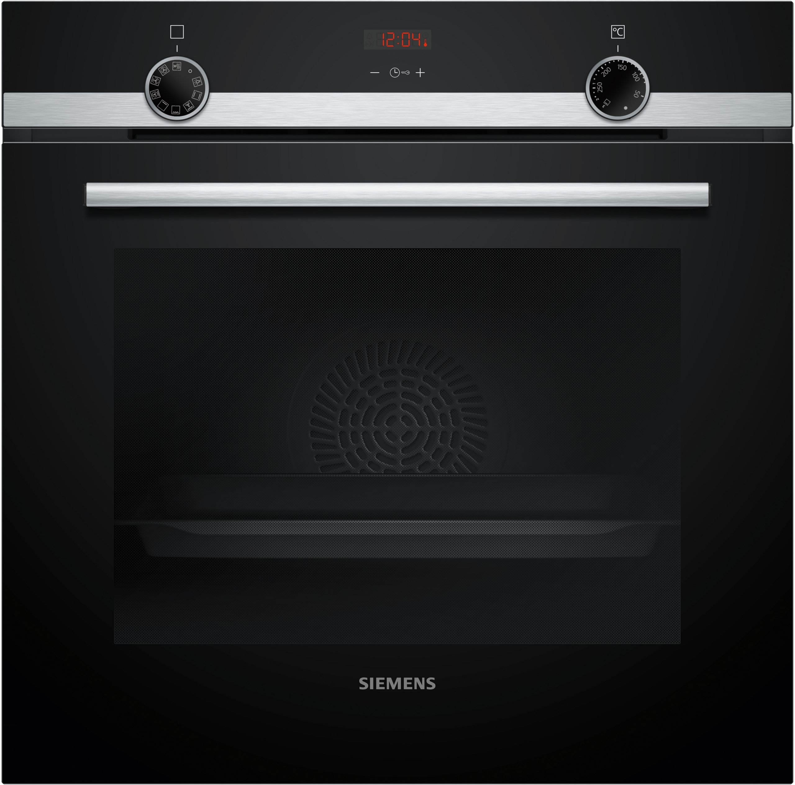 Front view of a black Siemens built-in oven with stainless steel handle and two control dials on the top panel.