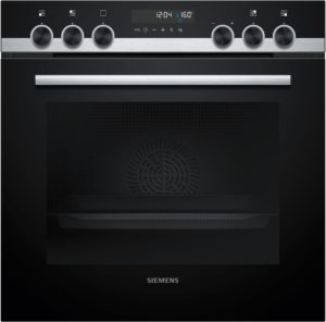 Front view of a black stainless steel Siemens oven with four control knobs and a centered digital display, brand visible at bottom.