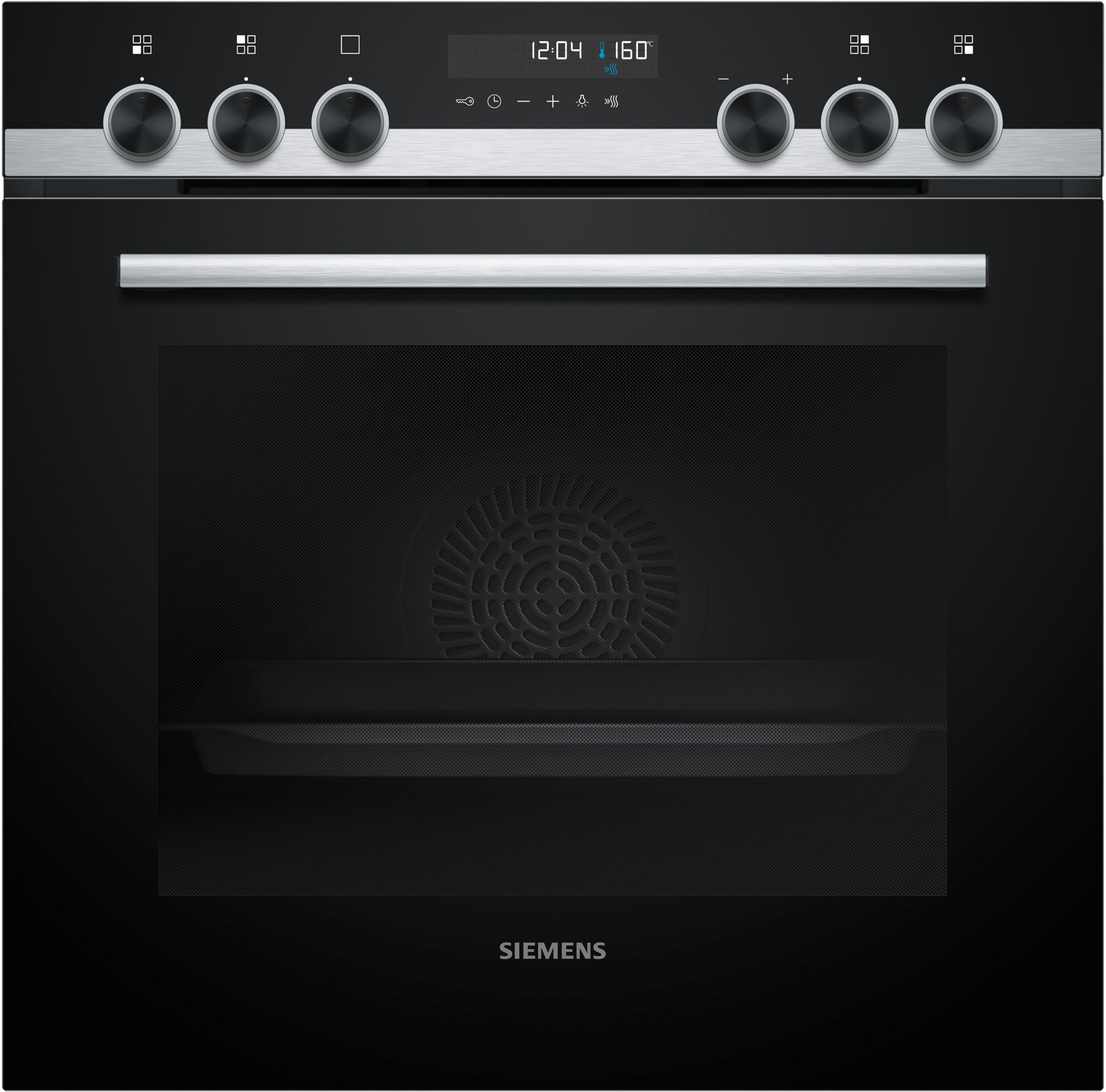 Front view of a black stainless steel Siemens oven with four control knobs and a centered digital display, brand visible at bottom.