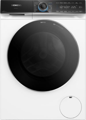 Front-loading washing machine with a large circular door and a slim control panel above.