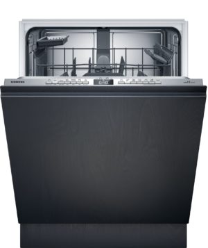 Open dishwasher with empty racks and stainless interior, control panel visible on the door edge
