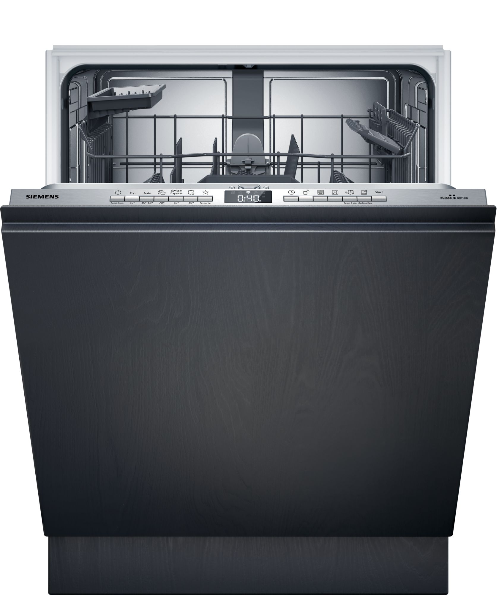 Open Siemens dishwasher with empty racks and stainless interior, ready to load