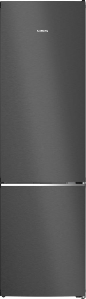 Tall stainless steel two-door refrigerator with a bottom freezer and slim horizontal handle, Siemens logo near the top center.