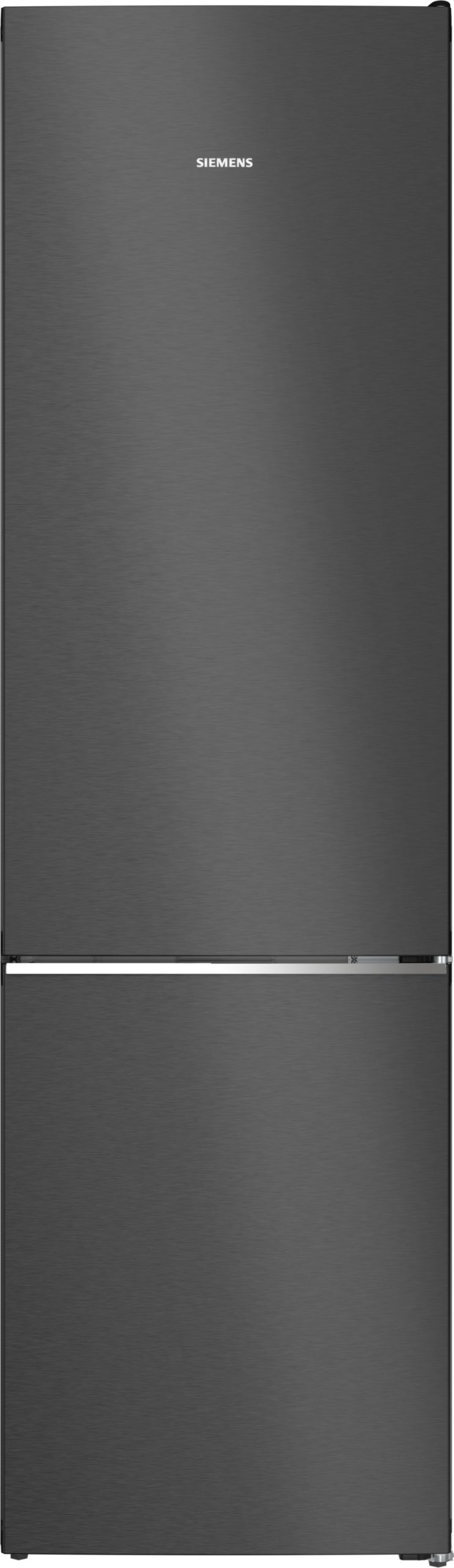 Tall stainless steel two-door refrigerator with a bottom freezer and slim horizontal handle, Siemens logo near the top center.