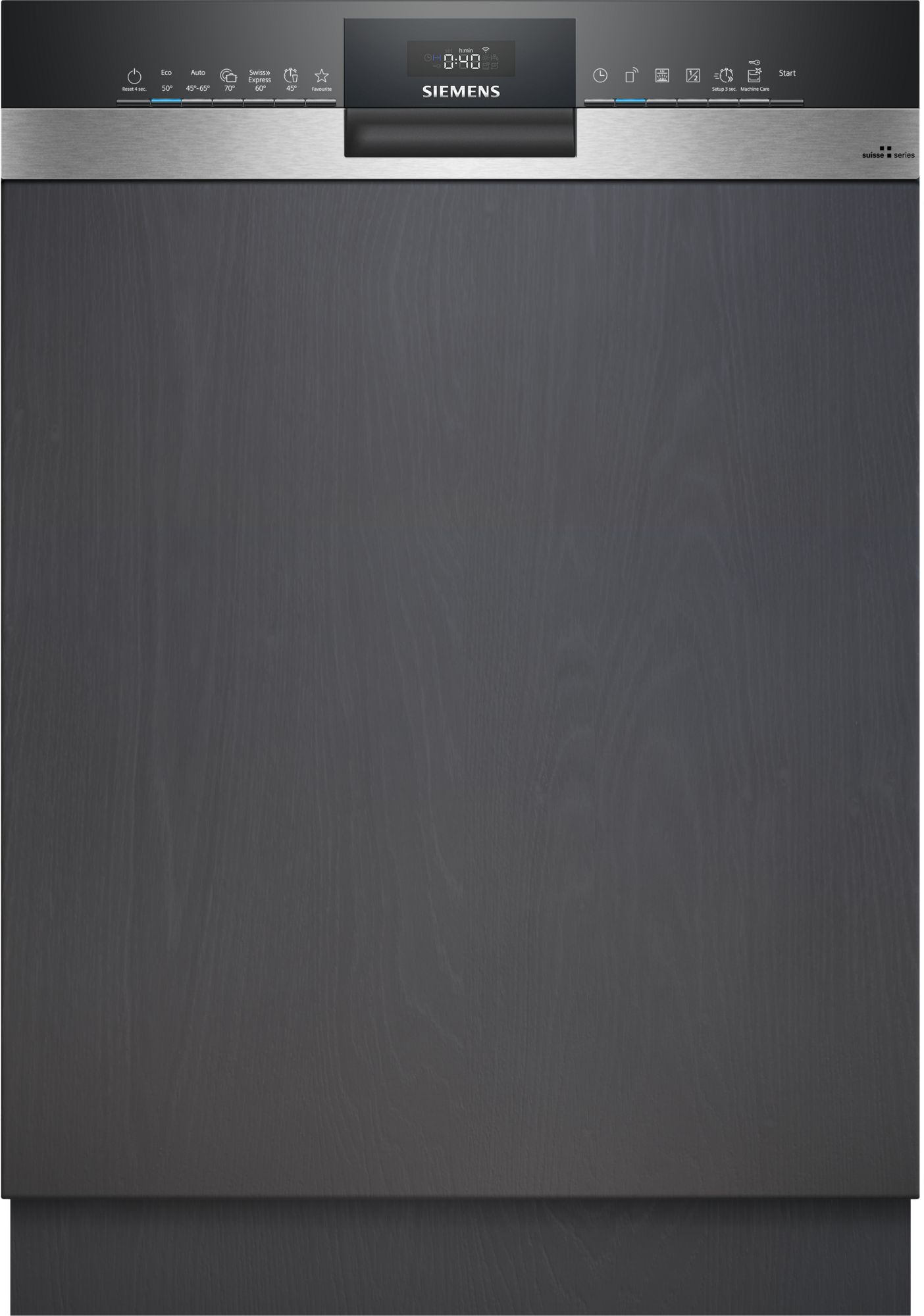 Front view of a Siemens built-in dishwasher with a black control panel and brushed metal band above a dark gray door.