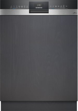 Top view of a stainless steel Siemens appliance control panel with digital display and labeled buttons against a dark background.
