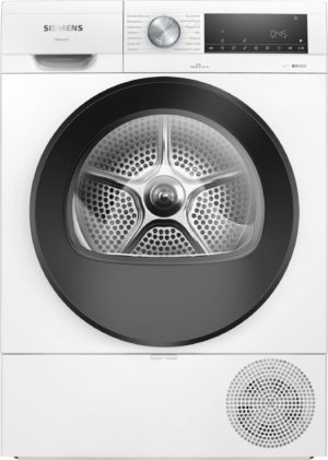 Front view of a Siemens washing machine with a large circular door and control panel on top.