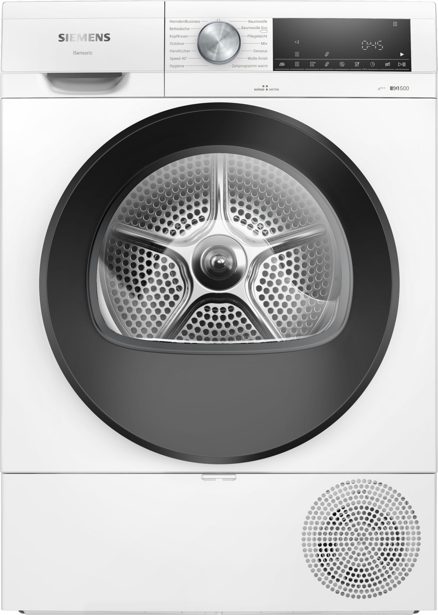 Front view of a Siemens washing machine with a large circular door and control panel on top.