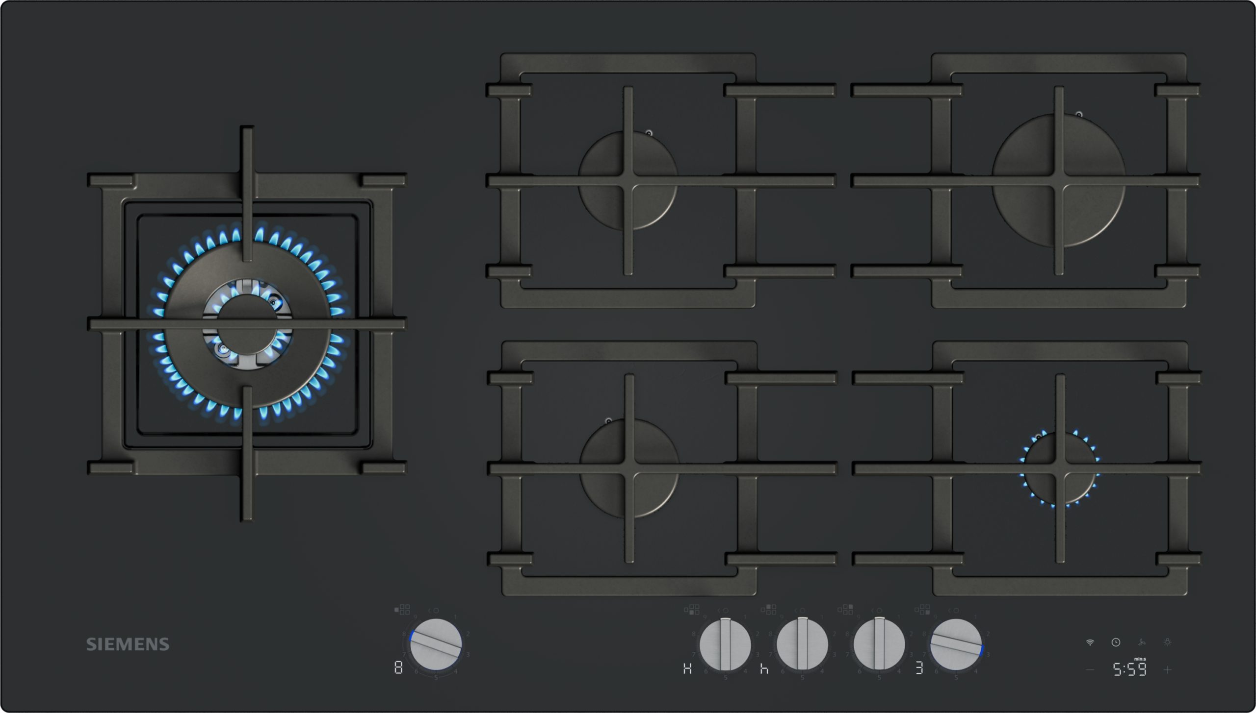 Siemens gas cooktop with several burners; the left burner is lit with a blue flame and control knobs along the bottom edge.