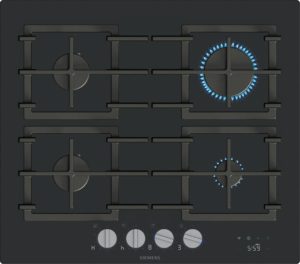Top view of a Siemens gas cooktop with metal grates and two burners; the right burner is lit with blue flames.