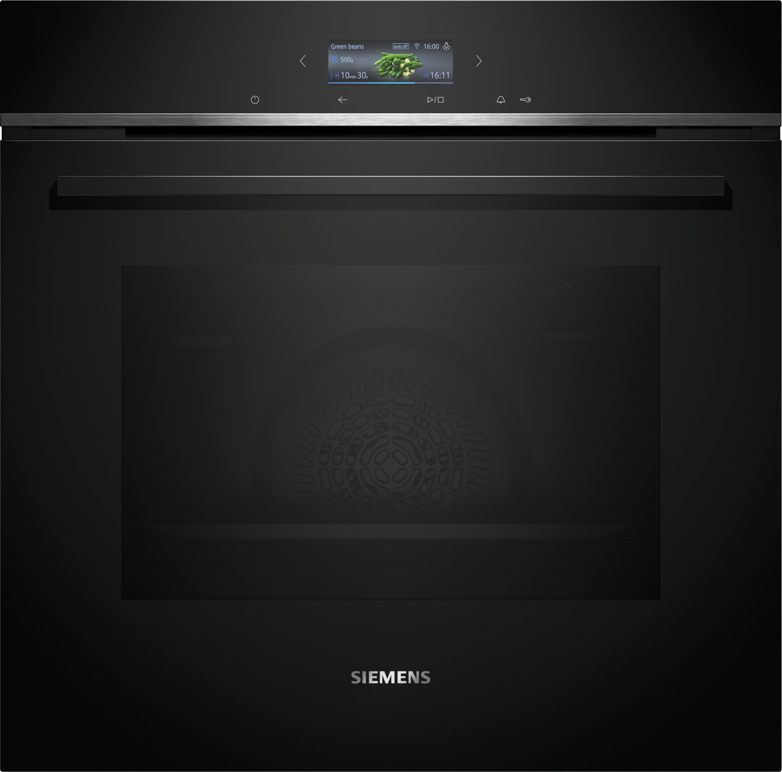 Close-up of a black Siemens appliance with a small digital display showing green beans and time indicators.