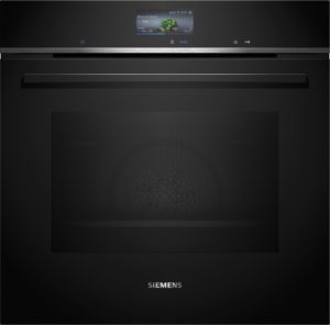 Siemens logo on a dark gradient background with a sleek black kitchen appliance above it.