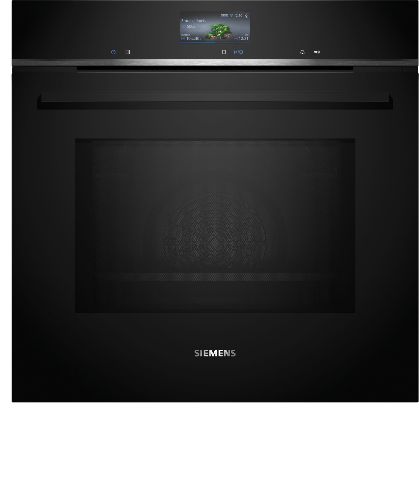 Siemens oven with a small display showing broccoli florets and a timer, set in a dark gray kitchen unit.