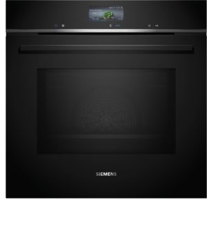 Front view of a sleek black Siemens oven with a small control display and metallic trim above the door surface, brand visible near bottom center.