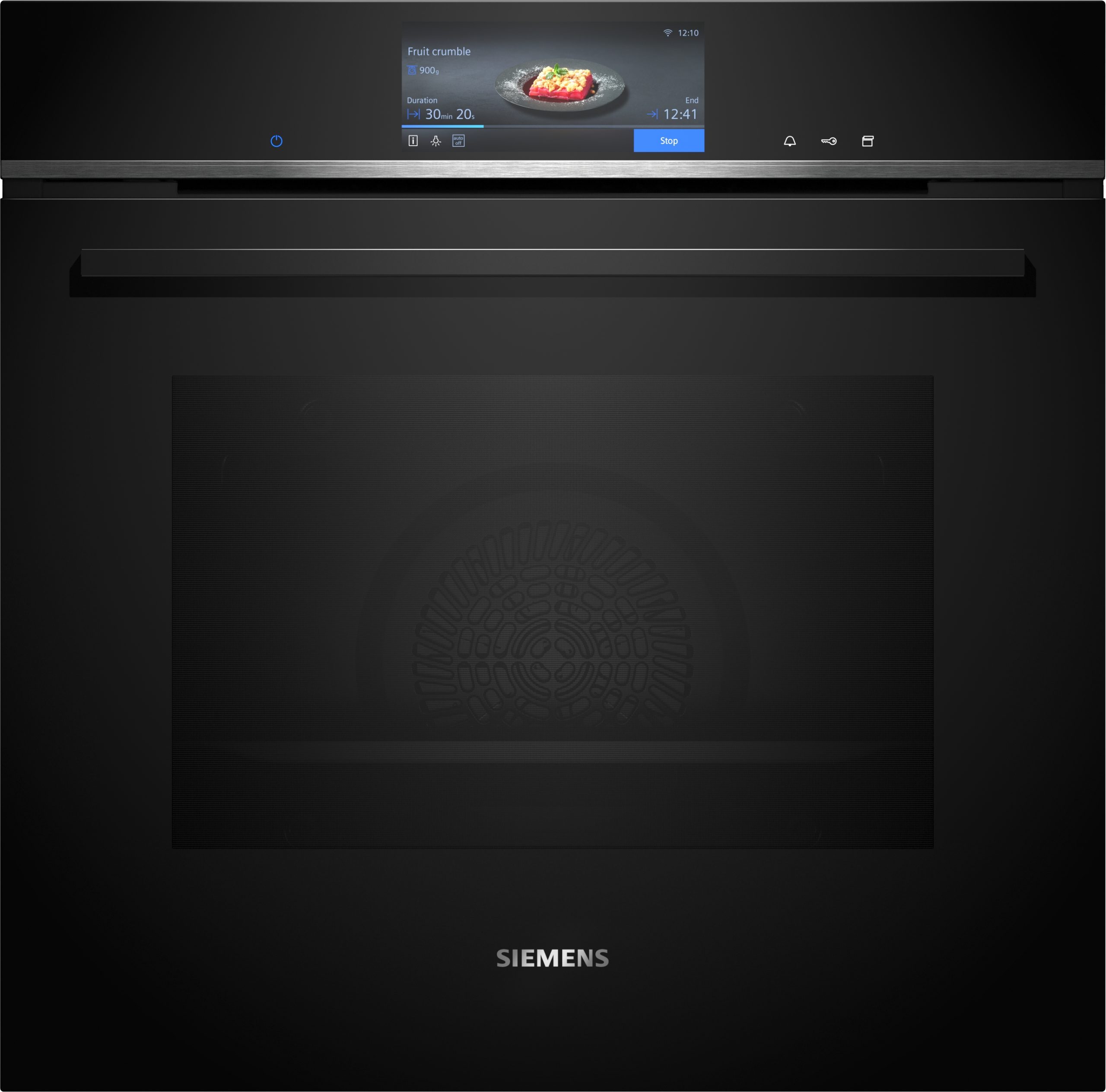 Siemens kitchen appliance with a central touchscreen displaying a fruit crumble dish on the screen.