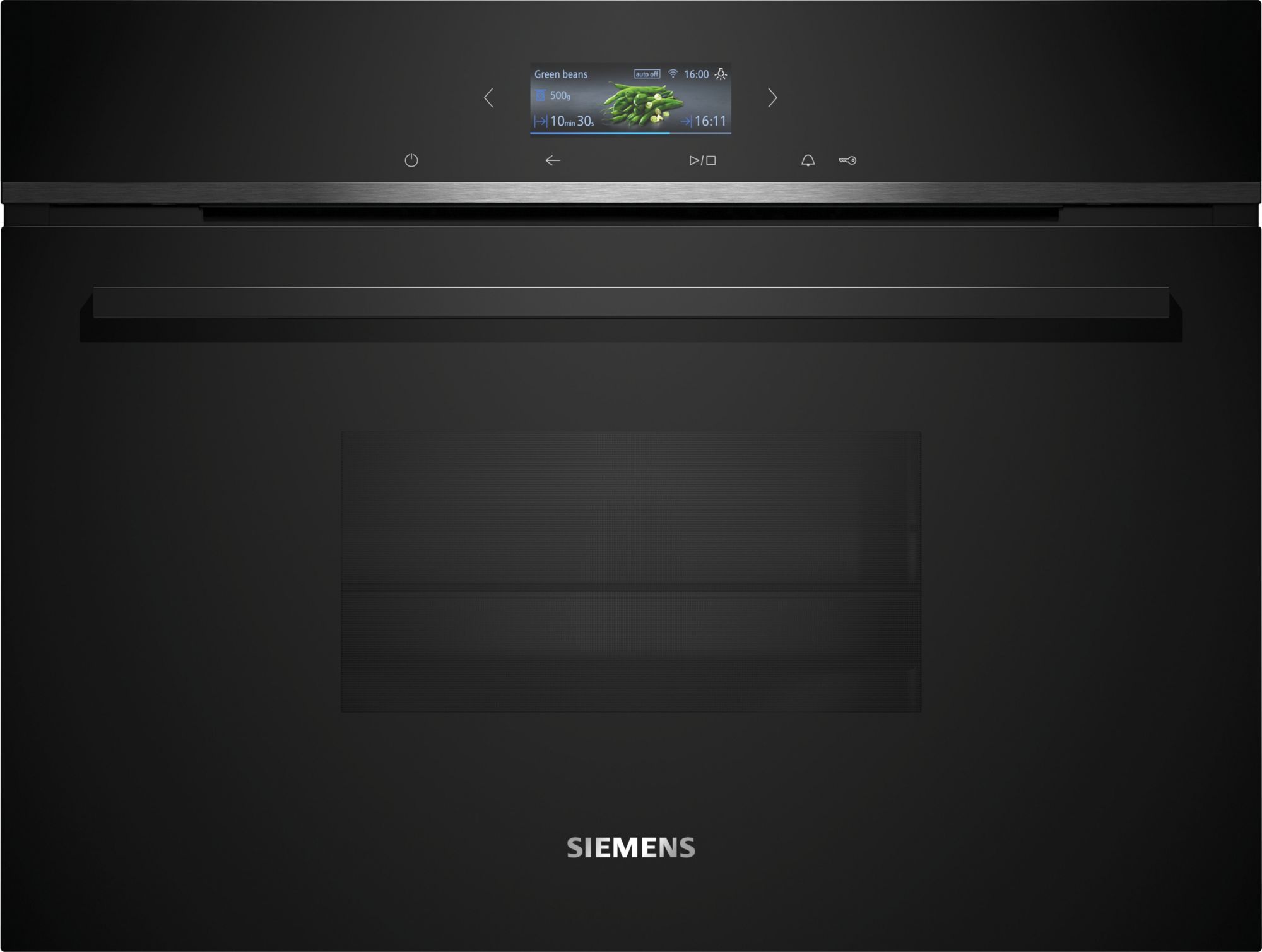Close-up of a sleek black Siemens appliance with a small display showing 'Green beans' and meal info, branding visible at bottom