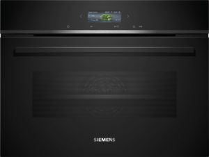 Siemens logo on a dark backdrop with a sleek built‑in oven and a small display showing green beans in a promo image.