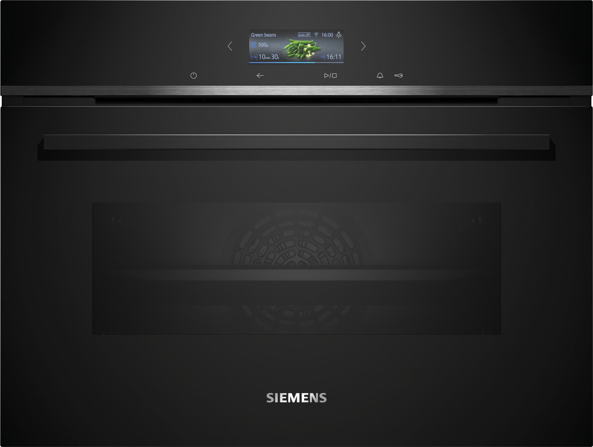 Siemens logo on a dark backdrop with a sleek built‑in oven and a small display showing green beans in a promo image.