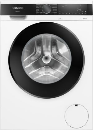 Front-loading washing machine with a large circular drum and a black control panel at the top showing settings and a digital display of 0:45 (Siemens appliance).