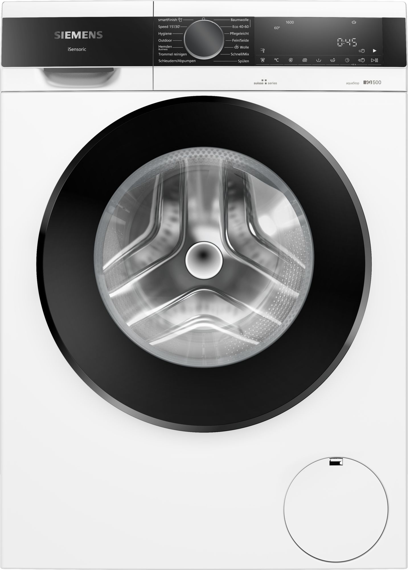 Front-loading washing machine with a large circular drum and a black control panel at the top showing settings and a digital display of 0:45 (Siemens appliance).